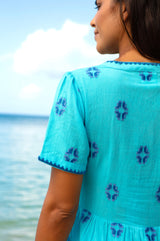 India Embroidered Organic Cotton Dress | Turquoise/Cobalt