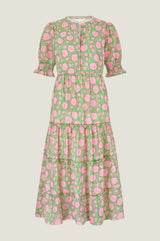 Cordelia Organic Cotton Block Print Dress | Mara Green/Pink