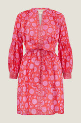 Cara Organic Cotton Block Print Short Dress | Mara Red/Pink
