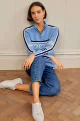 Merino Wool Stripe Hearts Quarter Zip | Blue/Cream/Navy