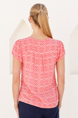 Lisbon Viscose Crinkle Blouse | Flower Tile Coral/Pink