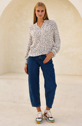 Printed Smocked Organic Cotton Cheesecloth Blouse | Ecru/Navy