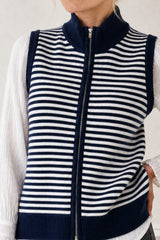 Close-up of the zip and collar detail of the Aspiga Merino Wool Stripe Zip Through Gilet in Navy/Off White