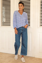 Clea Viscose Crinkle Blouse | Ikat White/Blue