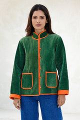 Velvet Quilted Jacket | Green/Orange