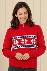 Merino Wool Snowflake Fairisle Quarter Zip Jumper | Red/Navy/White