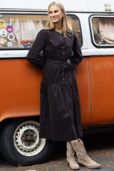 Dropped Waist Baby Cord Midi Dress | Chocolate