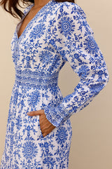 APPROVED Billie Block Print Organic Cotton Dress | White/Cobalt - Aspiga