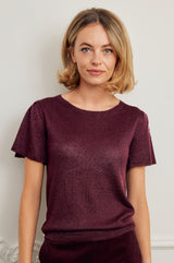 Metallic Knit Angel Sleeve T-Shirt | Burgundy