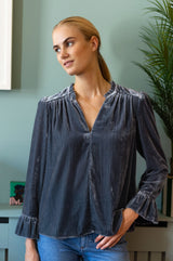 Astrid Velvet V-Neck Top | Grey/Blue