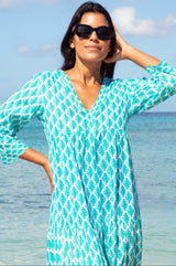 Mykonos Maxi Dress | Palm White/Turquoise - Aspiga