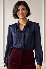 Frill Detail Satin Blouse | Navy