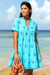 India Embroidered Organic Cotton Dress | Turquoise/Cobalt