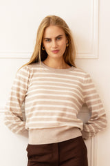 Merino Wool Stripe Crew Neck Jumper | Oat/Cream