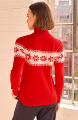 Merino Wool Snowflake Fairisle Polo Neck Jumper | Red/Cream