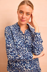 Milena Viscose Crepe Printed Shirt | Animal Ikat Navy/Cream