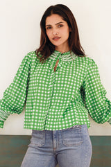 Embroidered Smocked Blouse | Check Green/White