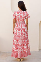 Pippa Organic Cotton Short Sleeve Block Print Dress | Red - Aspiga