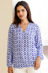 Clea Viscose Crinkle Blouse | Ikat White/Blue