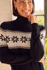 Merino Wool Snowflake Fairisle Polo Neck Jumper | Black/Cream