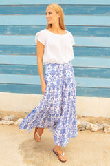 APPROVED Becks Organic Cotton Block Print Skirt | Geo White/Cobalt - Aspiga