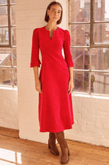Jocelyn V-Neck 3/4 Sleeve Stretch Corduroy Dress | Red