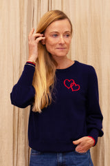 Merino Wool Hearts Crew Neck Jumper | Navy/Red