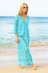Mykonos Maxi Dress | Soft Cheetah White/Turquoise - Aspiga