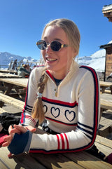 Merino Wool Stripe Hearts Quarter Zip | Cream/Red/Navy