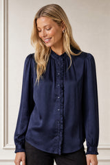 Frill Detail Satin Blouse | Navy