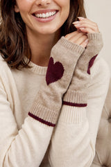 Merino Wool Fingerless Heart Gloves | Oat/Burgundy