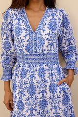 APPROVED Billie Block Print Organic Cotton Dress | White/Cobalt - Aspiga