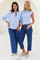 Smocked Stripe Dobby Organic Cotton Blouse | Blue/White - Aspiga