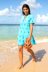 India Embroidered Organic Cotton Dress | Turquoise/Cobalt