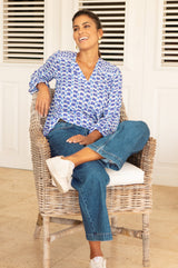 Clea Viscose Crinkle Blouse | Ikat White/Blue