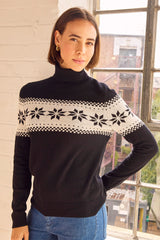 Merino Wool Snowflake Fairisle Polo Neck Jumper | Black/Cream