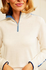 Merino Wool Overarm Stripe Quarter Zip Jumper | Cream/Navy/Blue