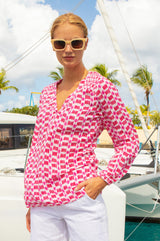 Clea Viscose Crinkle Blouse | Ikat White/Pink