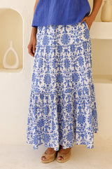 APPROVED Becks Organic Cotton Block Print Skirt | Geo White/Cobalt - Aspiga