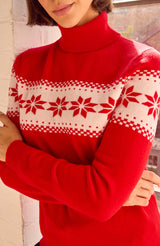 Merino Wool Snowflake Fairisle Polo Neck Jumper | Red/Cream