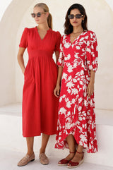 Ella EcoVero™ 3/4 Length Sleeve Wrap Dress | Red/Cream - Aspiga