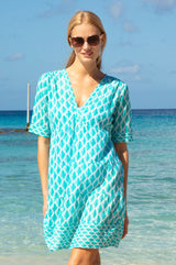 Santorini Cotton Kaftan | White/Sea Green