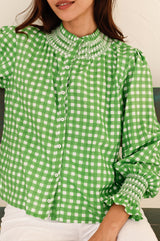 Embroidered Smocked Blouse | Check Green/White