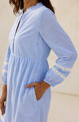 APPROVED Sadie Stripe Dobby Organic Cotton Dress | Blue/White - Aspiga