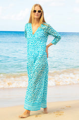 Mykonos Maxi Dress | Soft Cheetah White/Turquoise - Aspiga