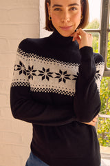 Merino Wool Snowflake Fairisle Polo Neck Jumper | Black/Cream