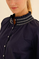 Embroidered Smocked Blouse | Navy/White