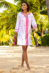 APPROVED Guadalupe Embroidered Organic Cotton Short Tunic | White/Pink - Aspiga