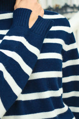 Cashmere Blend Striped Roll Neck Jumper | Navy/Ivory
