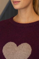 Cashmere Crew Neck Heart Jumper | Burgundy/Oat